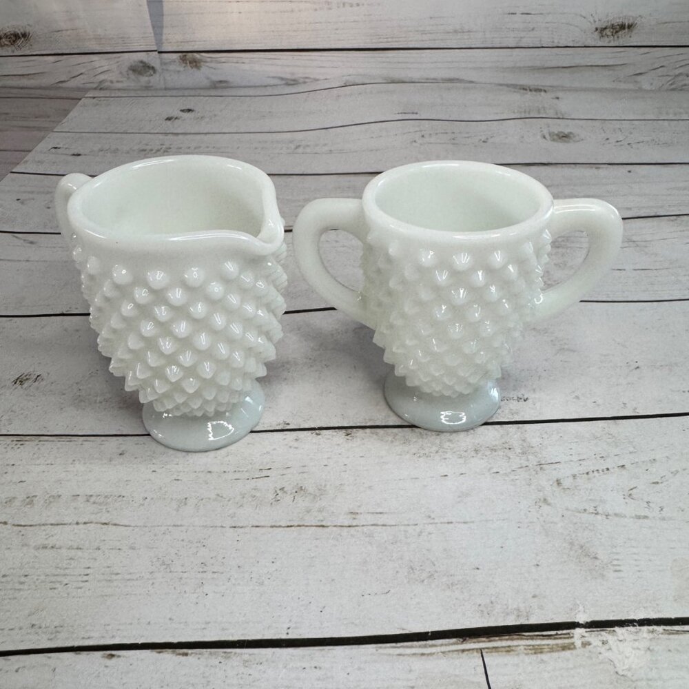 Vintage Fenton Milk Glass Hobnail Creamer & Sugar Bowl Set White